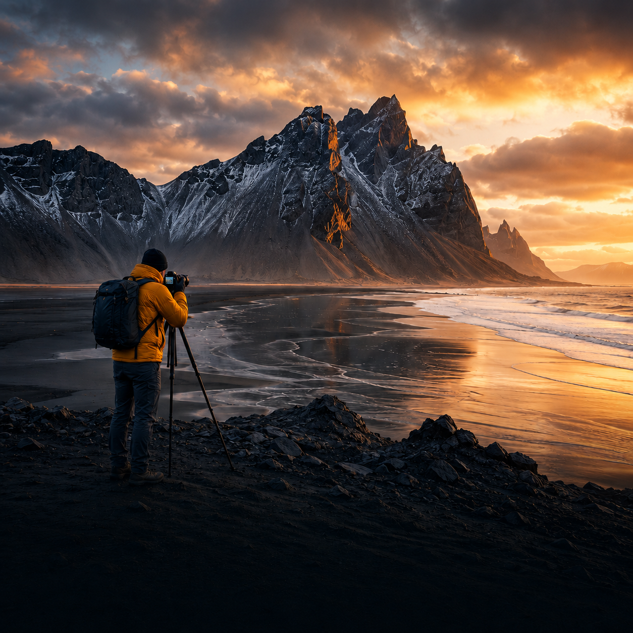 Fotograf mit Stativ an einem schwarzen Strand vor dramatischen Bergen in Island