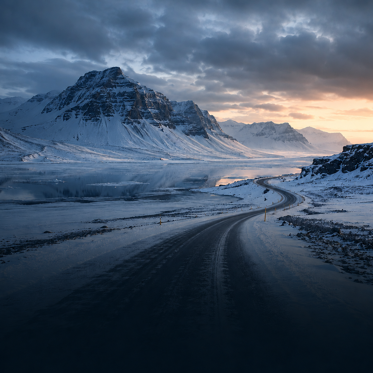 Verschneite Küstenstraße vor Bergen und vereistem Wasser im winterlichen Island