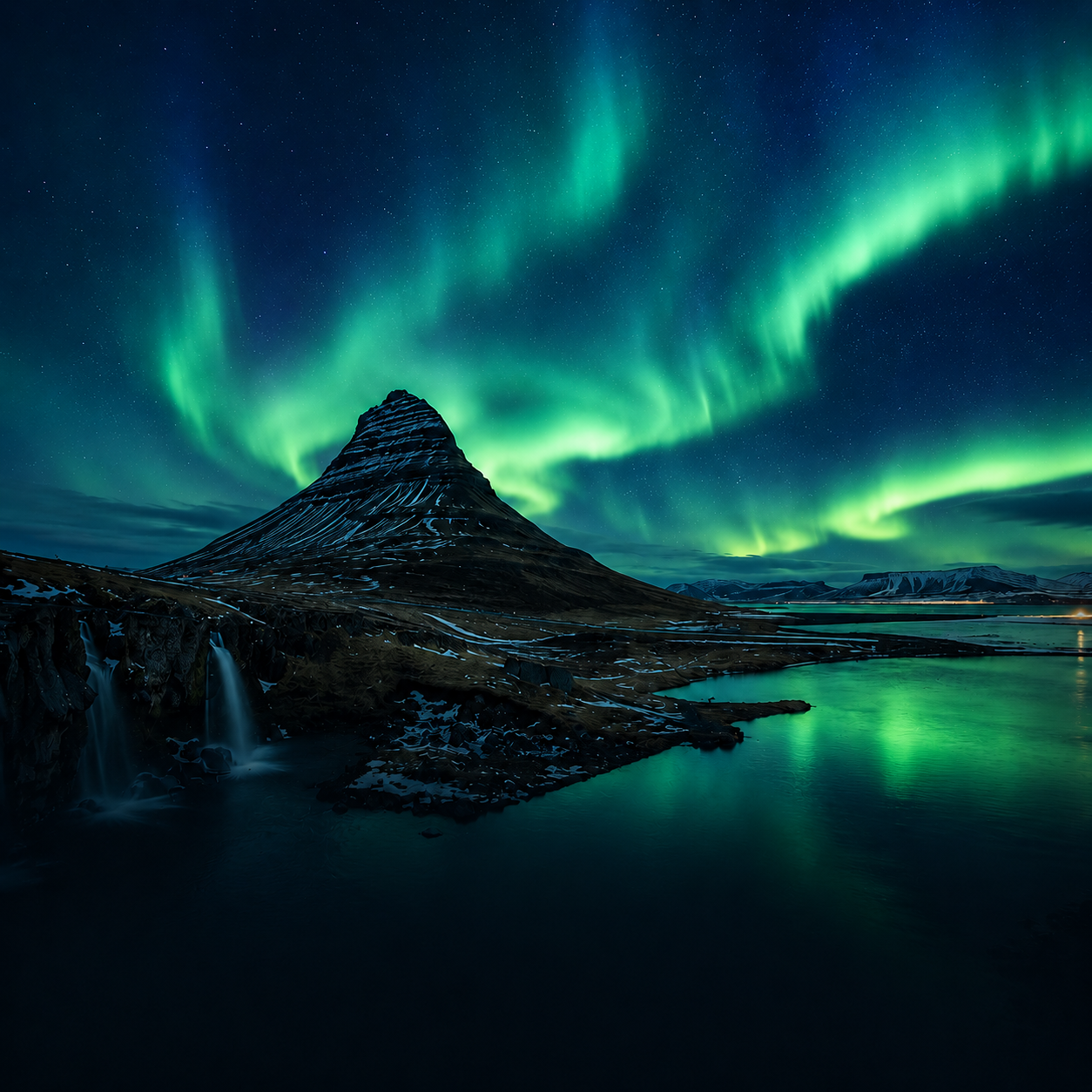Grüne Nordlichter über dem Berg Kirkjufell und einer dunklen Küstenlandschaft in Island