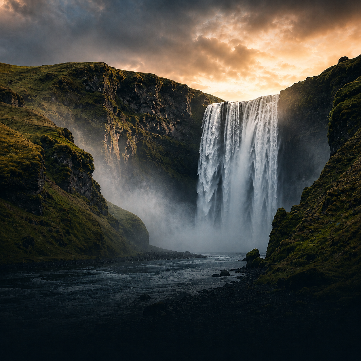 Breiter Wasserfall zwischen moosbewachsenen Felsen im warmen Abendlicht in Island