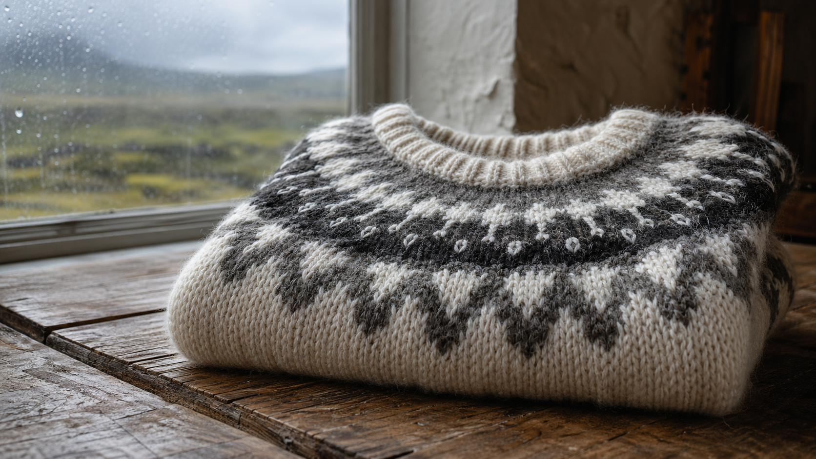 Detail eines Islandpullovers mit Rundpasse und Wollstruktur