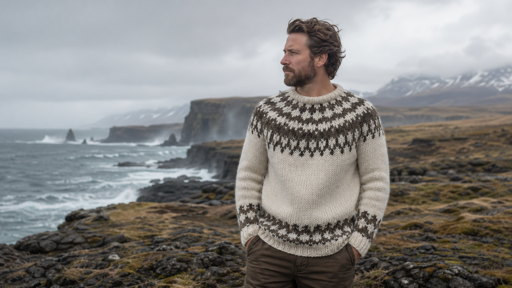 Person mit Islandpullover an einer windigen isländischen Küste