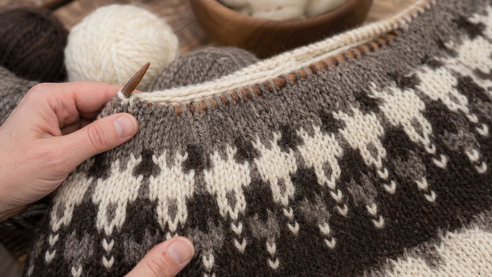 Nahaufnahme handgestrickter Maschen eines Islandpullovers