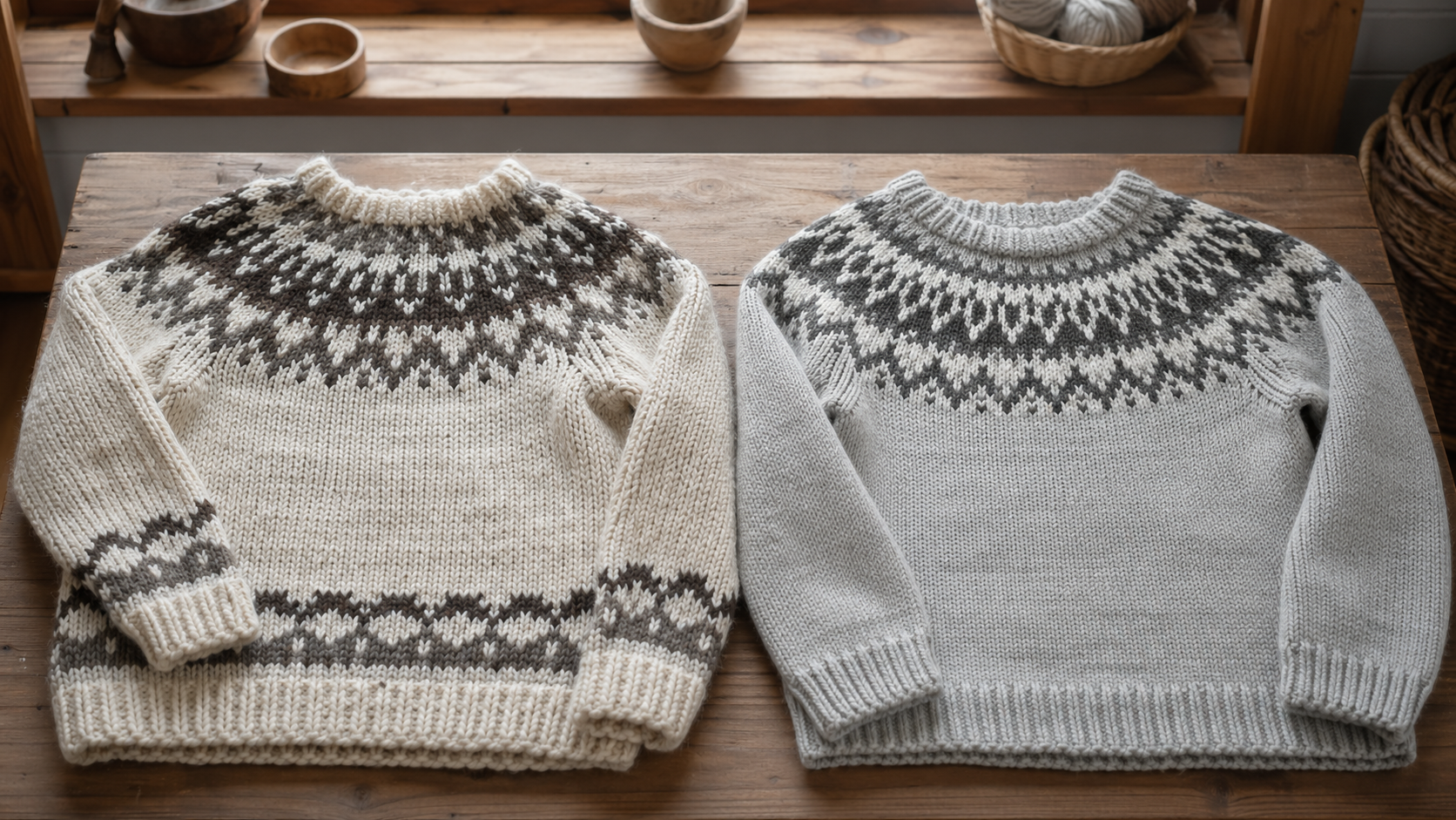 Zwei Islandpullover im Vergleich handgestrickt und maschinell gestrickt