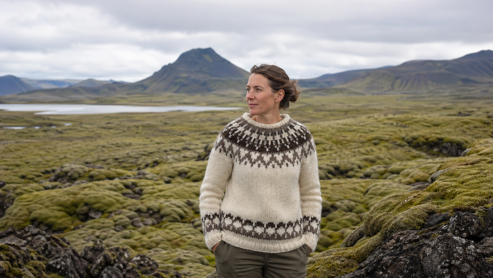 Person mit Islandpullover in isländischer Landschaft