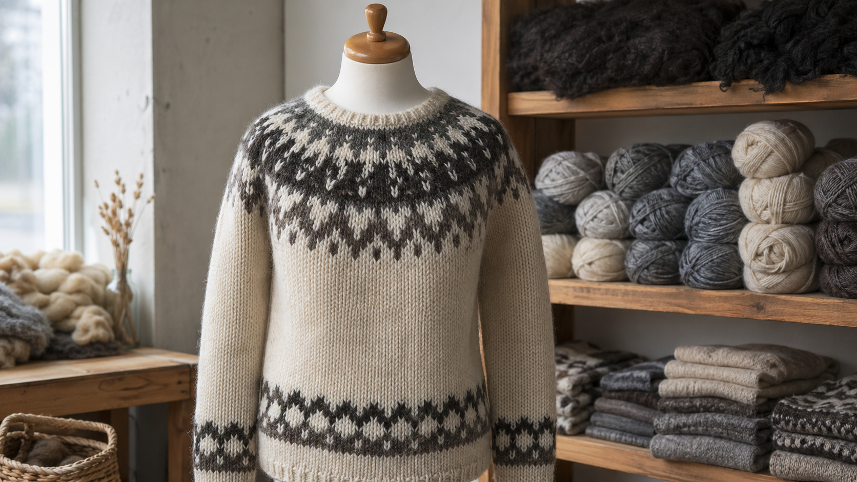 Originaler Islandpullover mit Rundpasse in einem Wollatelier