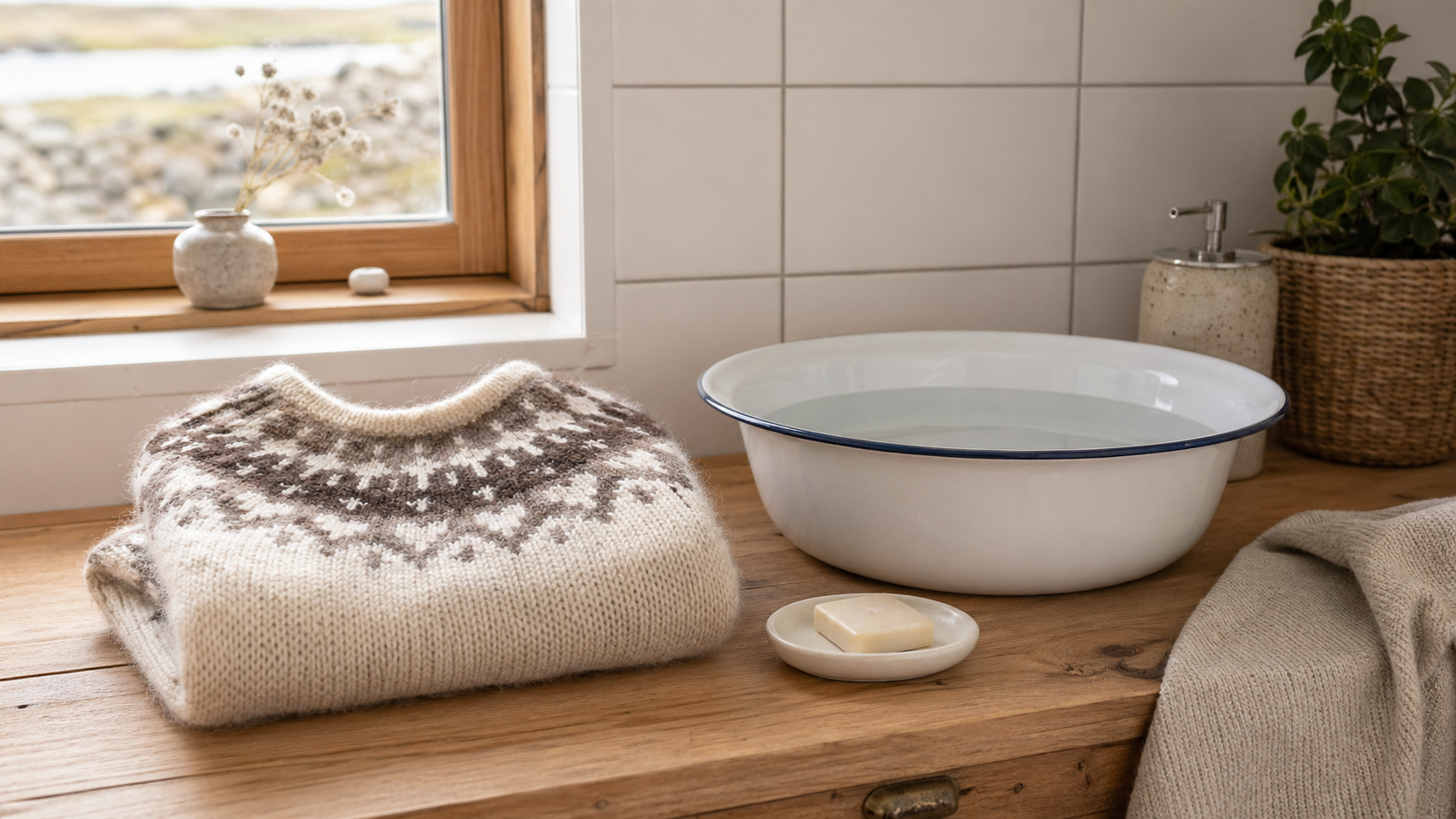 Islandpullover neben einer Schale mit kaltem Wasser zur Handwäsche