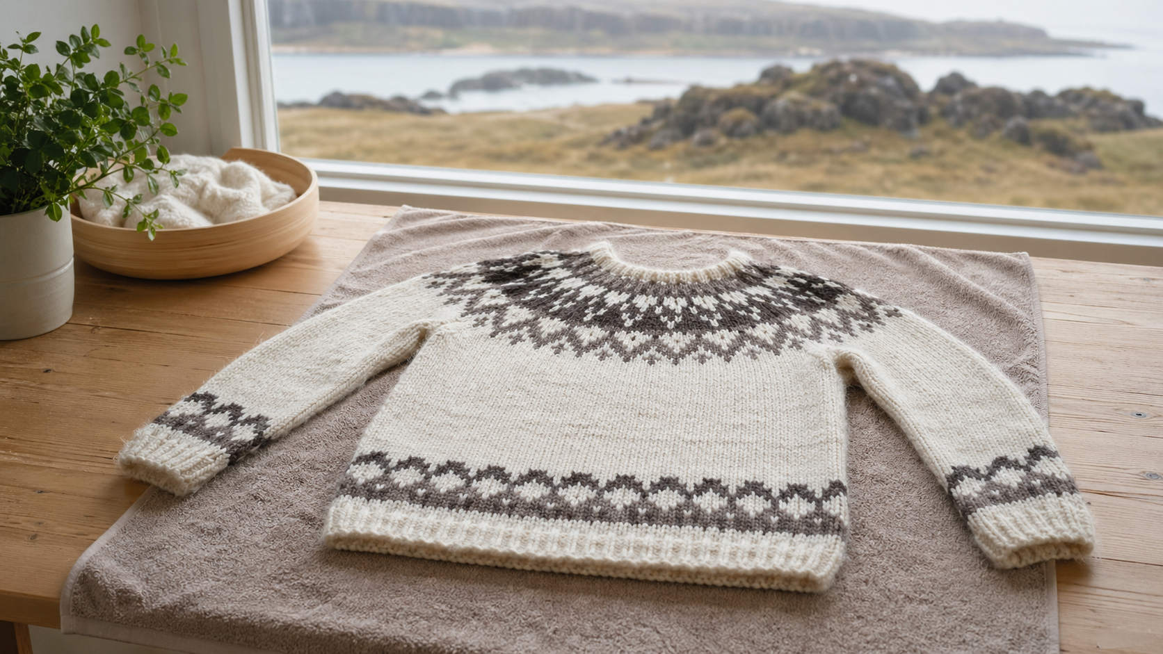 Islandpullover liegt flach auf einem Handtuch zum Trocknen