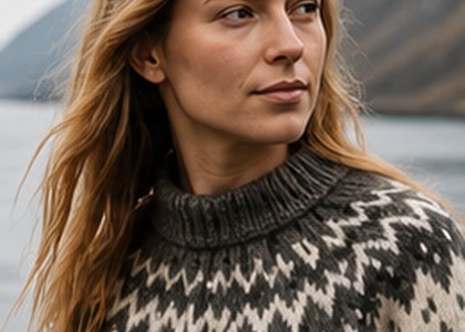 Frau mit Islandpullover vor isländischer Landschaft