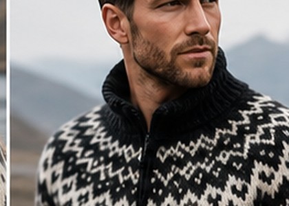 Mann mit dunklem Islandpullover vor isländischer Landschaft