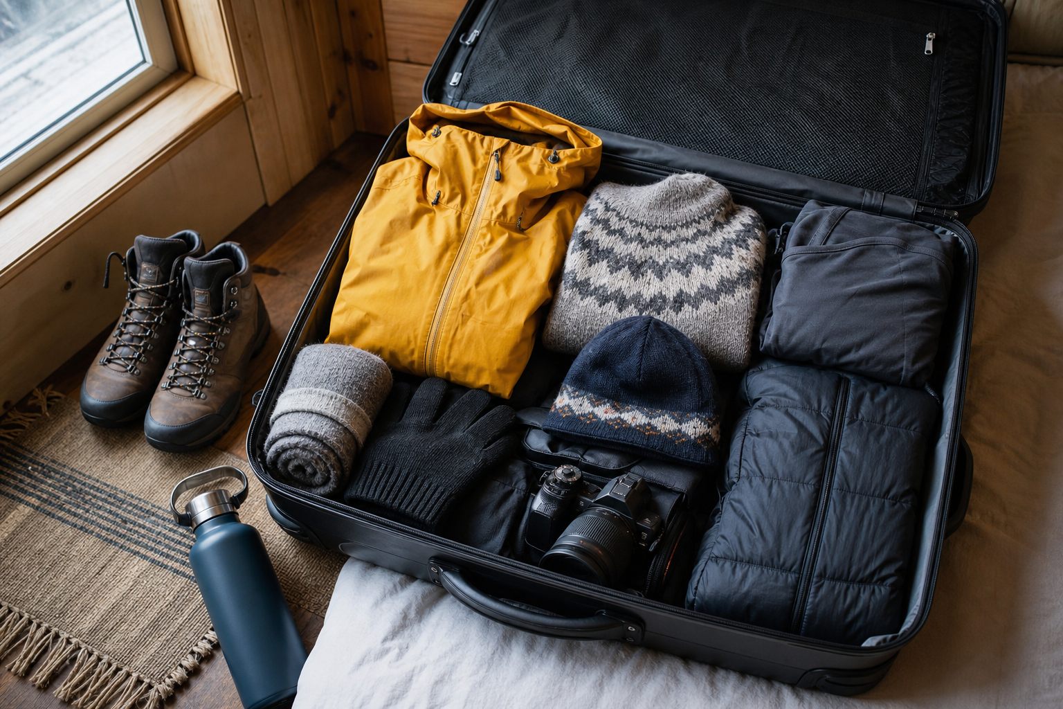 Geordnete Island-Packliste mit Wetterschutz, Wanderschuhen und Kamera